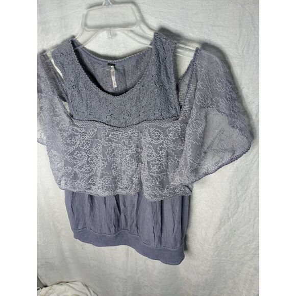 Free People Cold Shoulder Lace Boho Short Sleeve Blouse Top Lavender Purple XS - Picture 2 of 8